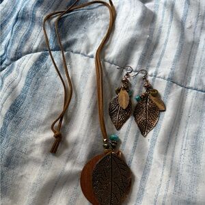 Leaf Pendant Necklace and Earring Set